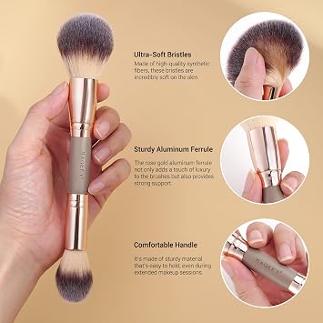 MAGEFY Makeup Brush Set 12Pcs Double Sided Make up Brushes Foundation Contour Blush Highlight Blending Eyeshadow Brushes, Vegan Makeup Brushes with Bag, Gold