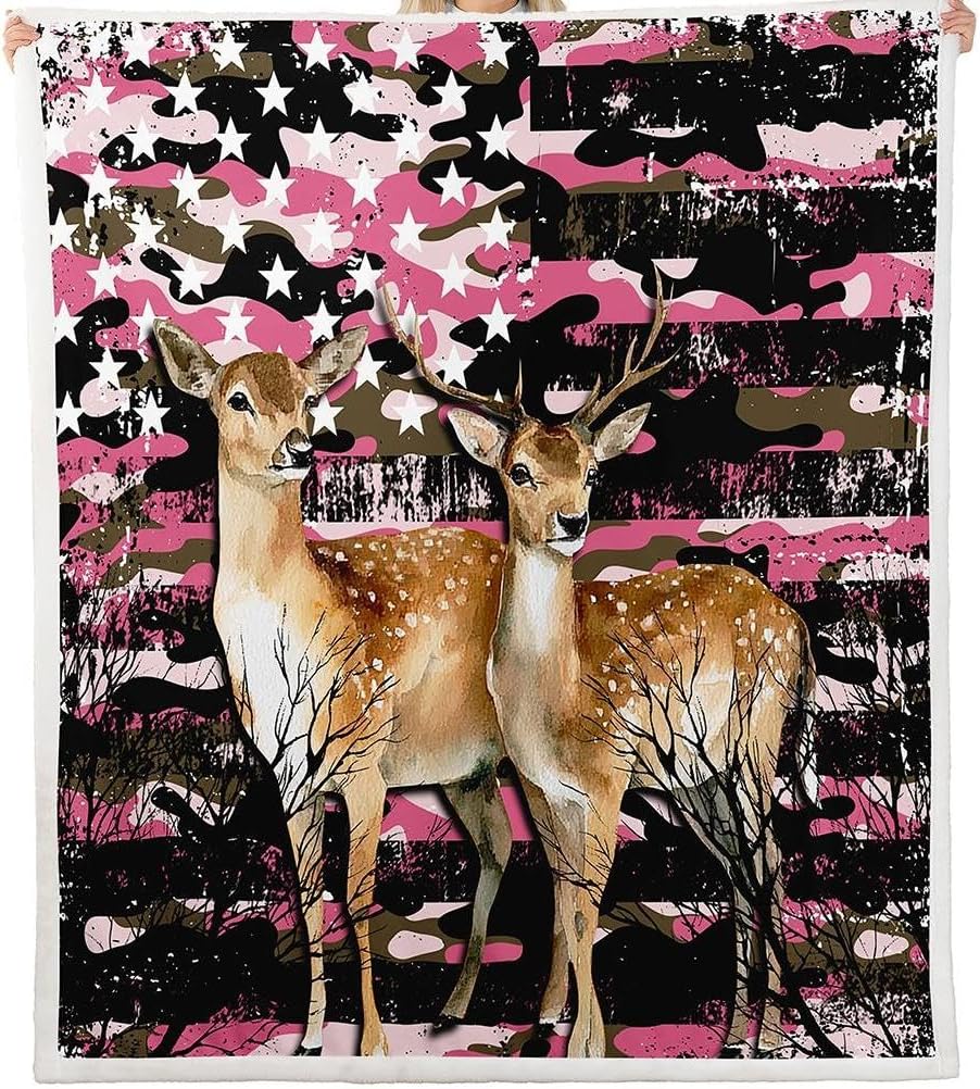 Sika Deer Blanket 50"x60" Spotted Deer American Flag Throw Blanket,Pink Camouflage USA National Flag Fleece Blanket Vintage Camo Stars and Stripes Blanket,Farmhouse Reindeer Rustic Home Decor