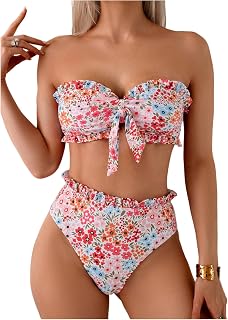 Women's Floral Bandeau Swimsuits Knot Front Ruffle High Waisted Bikini Set Strapless Bathing Suits