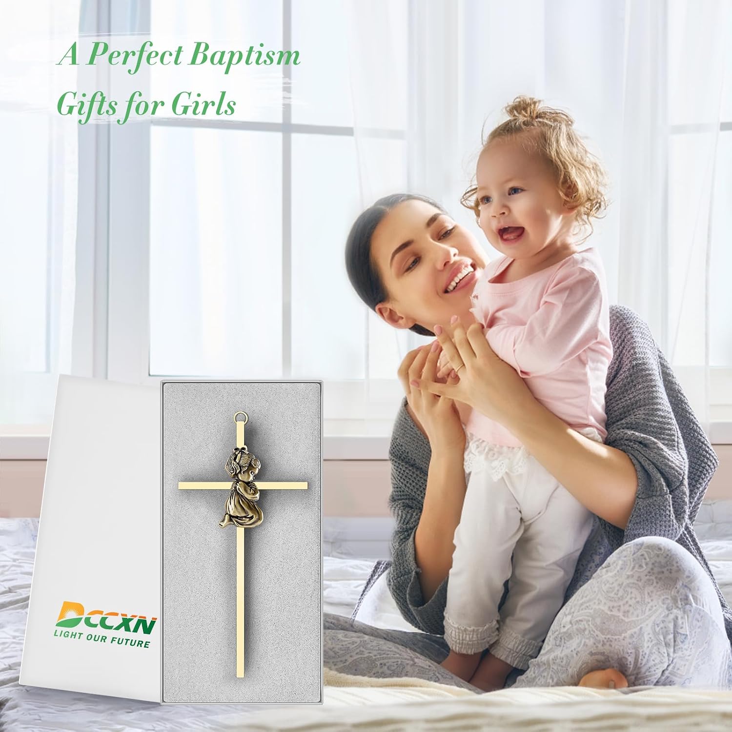 DCCXN Baby Wall Cross Baptism Gifts for Girls, 7 Inch Gold Praying Girl Crosses for First Holy Communion, Christening, Baptismal Cross Decor