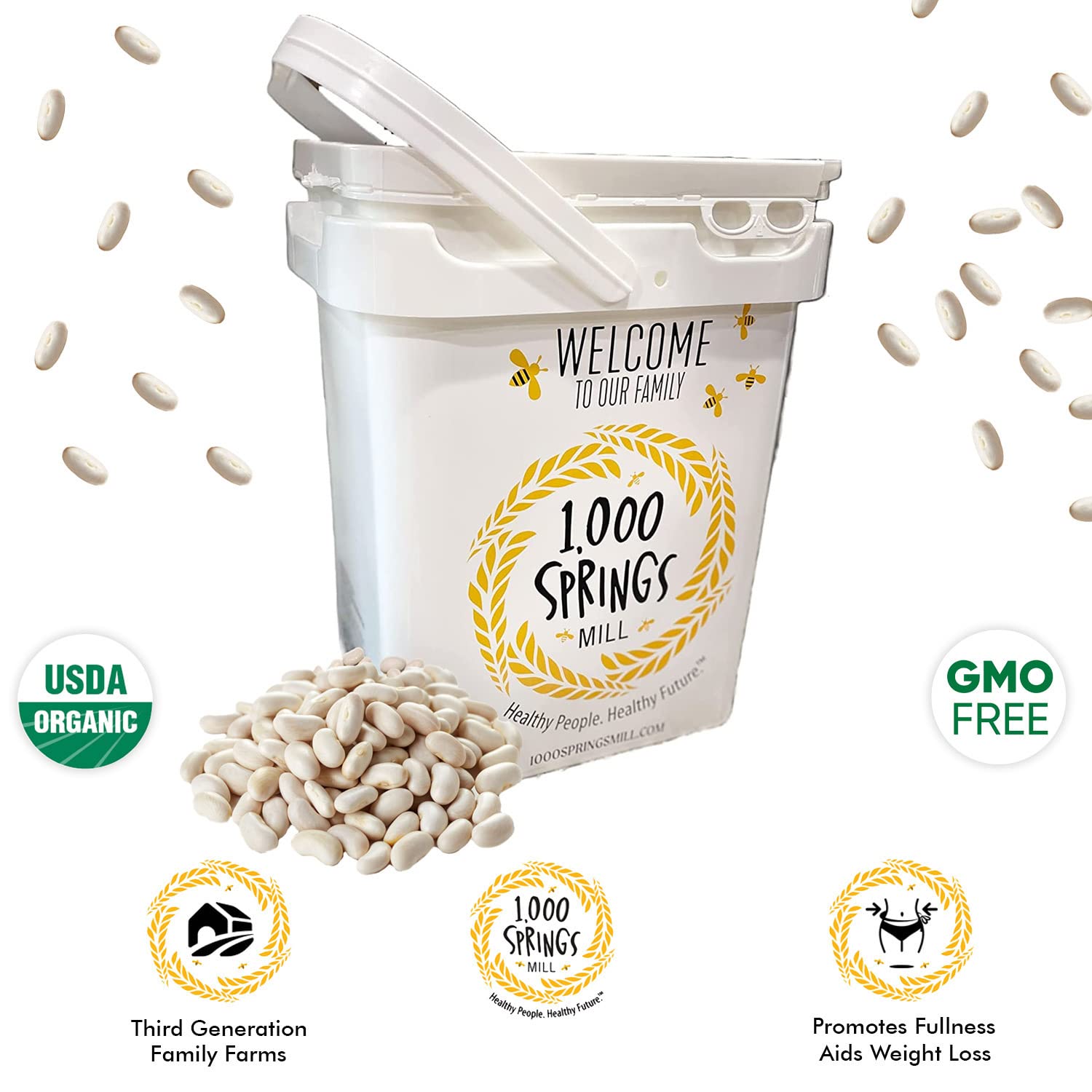 1000 SPRINGS MILL - Organic Great Northern Beans 25lb Bulk Bucket - Used for Salads, Soups, Stews, Casseroles, Chili, and Snacks - Bulk Dry White Beans - Vegan Friendly
