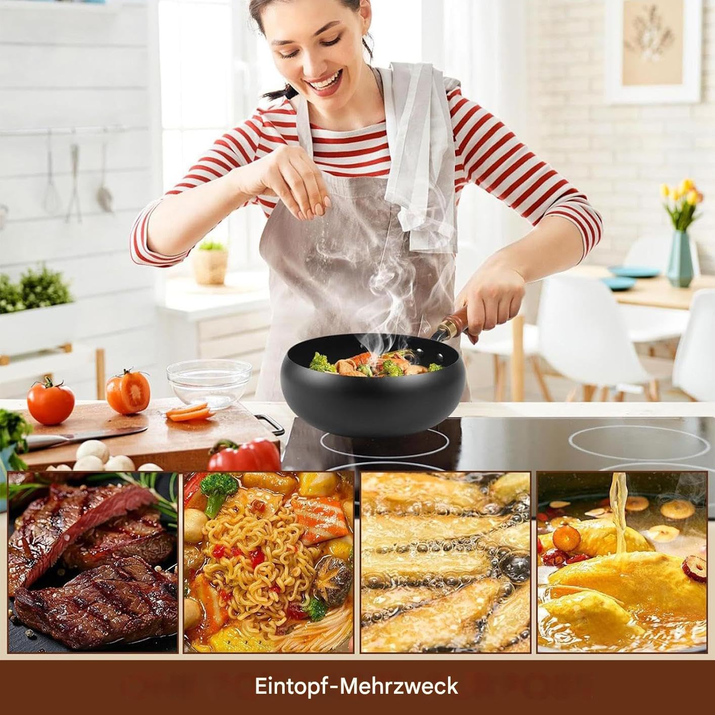 Żeliwny żeliwny żeliwny z pokrywką do kuchni | z drewnianym uchwytem, kuchenka indukcyjna, kuchenka elektryczna, kemping, do mieszkania, restauracji, mięsa