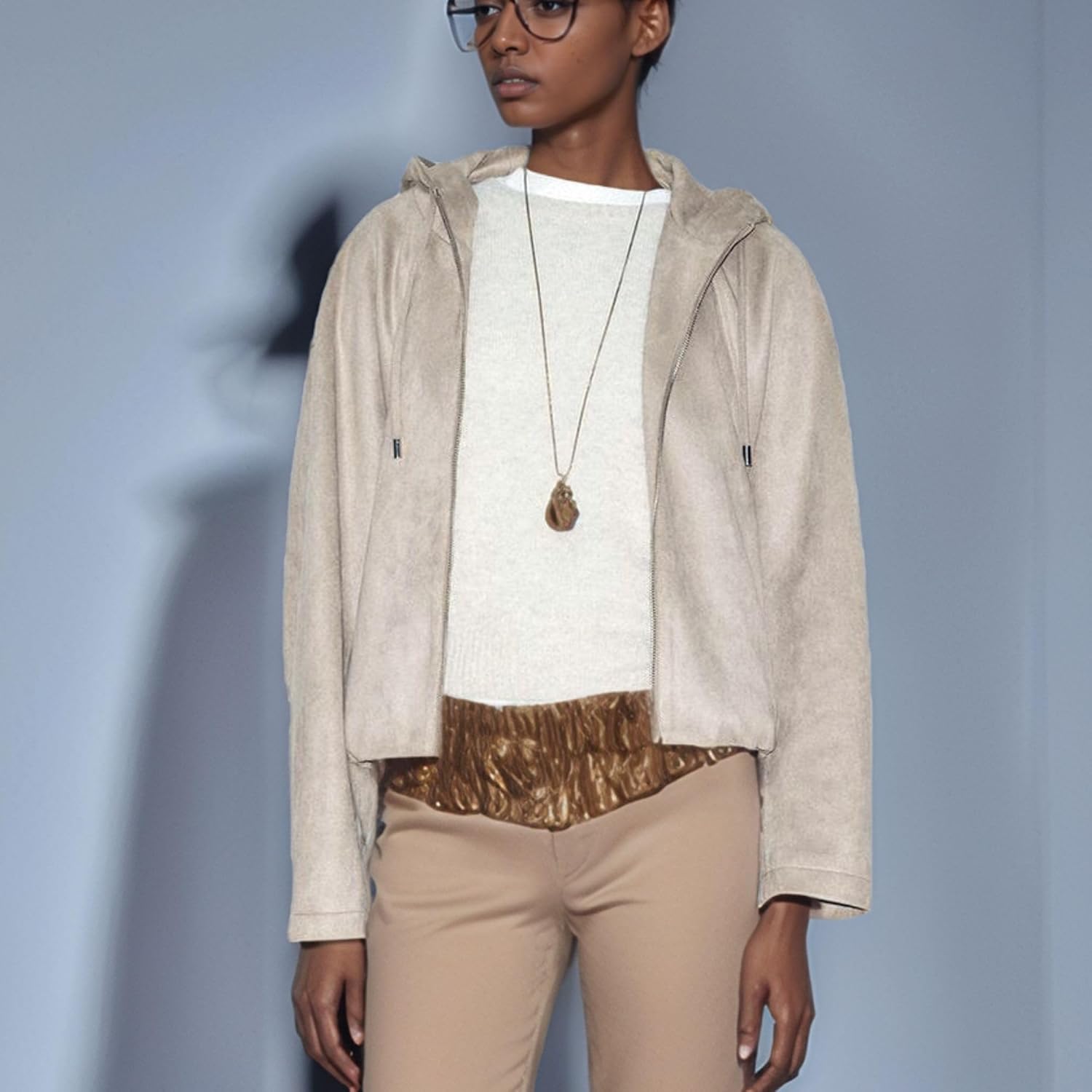 Xunger Women's Faux Suede Drawstring Hooded Jacket Bomber Casual Solid Color Zipper Outerwear with Pockets - Image 2