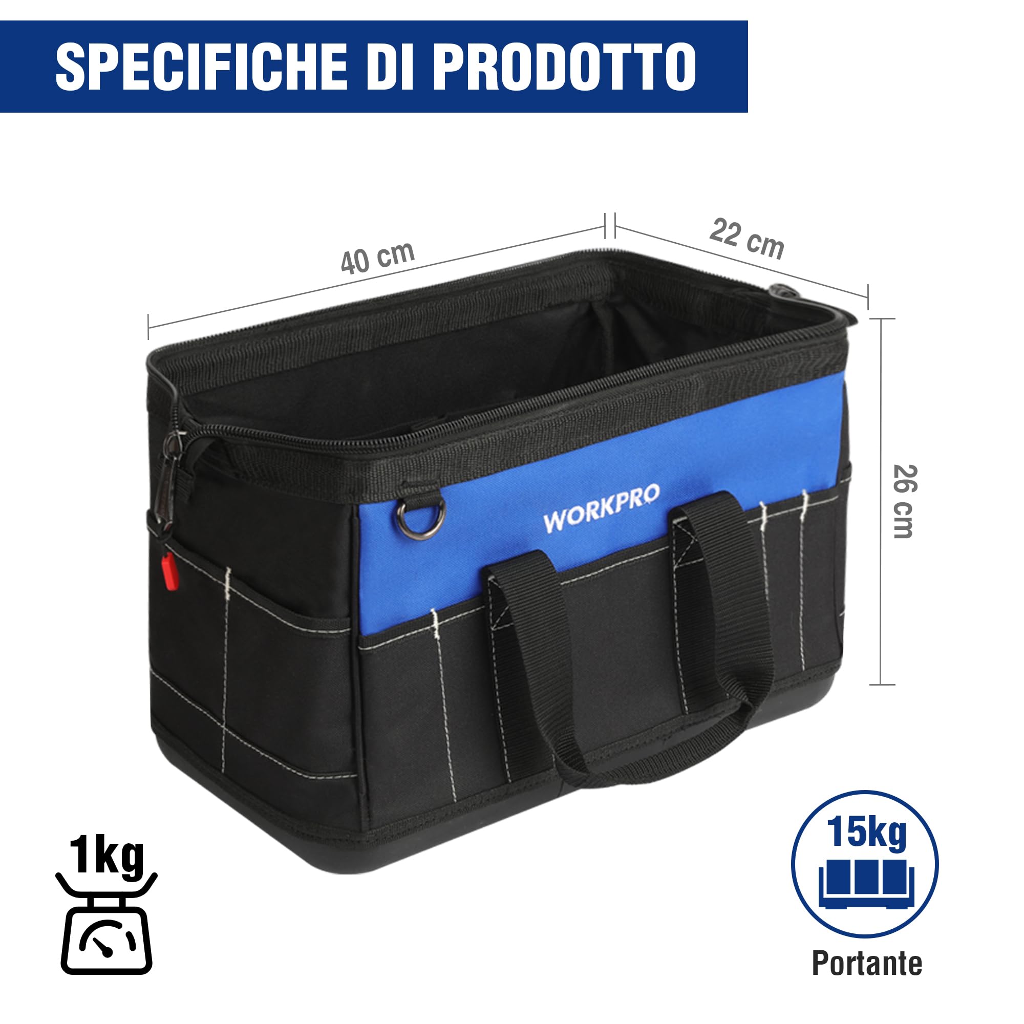 WORKPRO Borsa porta Attrezzi Lavoro a Bocca Ampia 40 x 22 x 26 cm, Multitasche per Impieghi Pesanti, con Base Rigida in Plastica Impermeabile, Portautensili