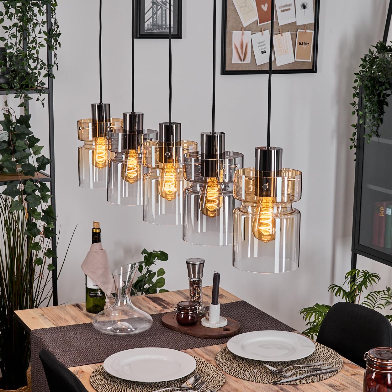 Hofstein Light/Black/Amber Hasvik Pendant 5-Burner Metal/Glass Pendant Lamp In /Smoke/Amber/Clear, Vintage Design (Ø 15 Cm), E27, Pendant Adjustable Up To 150 Cm, Dining Room, Living Room, Kitchen