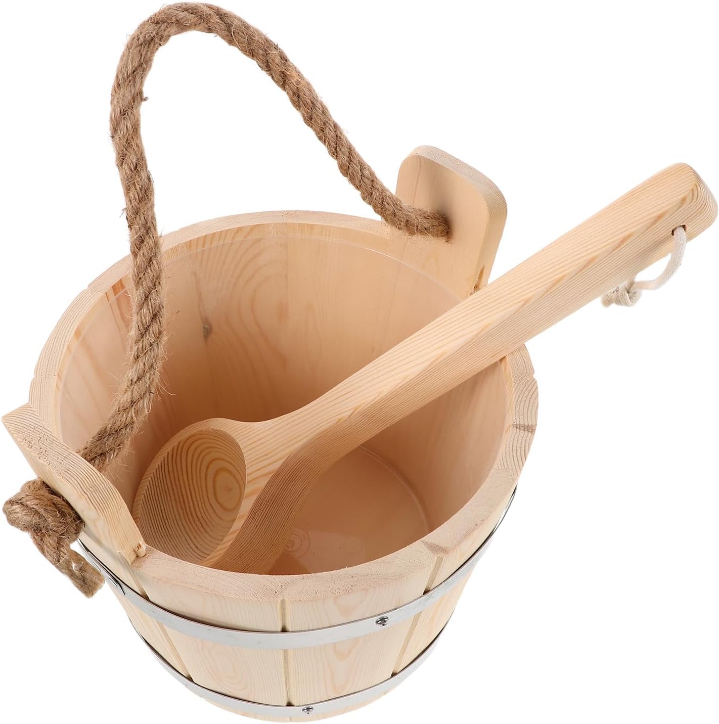 Wood Sauna Bucket and Ladle Set for Steam Room Bathing, Natural Wood Material with Plastic Liner and Rope Handle, Portable Spa Water Dipper for Home Sauna Use