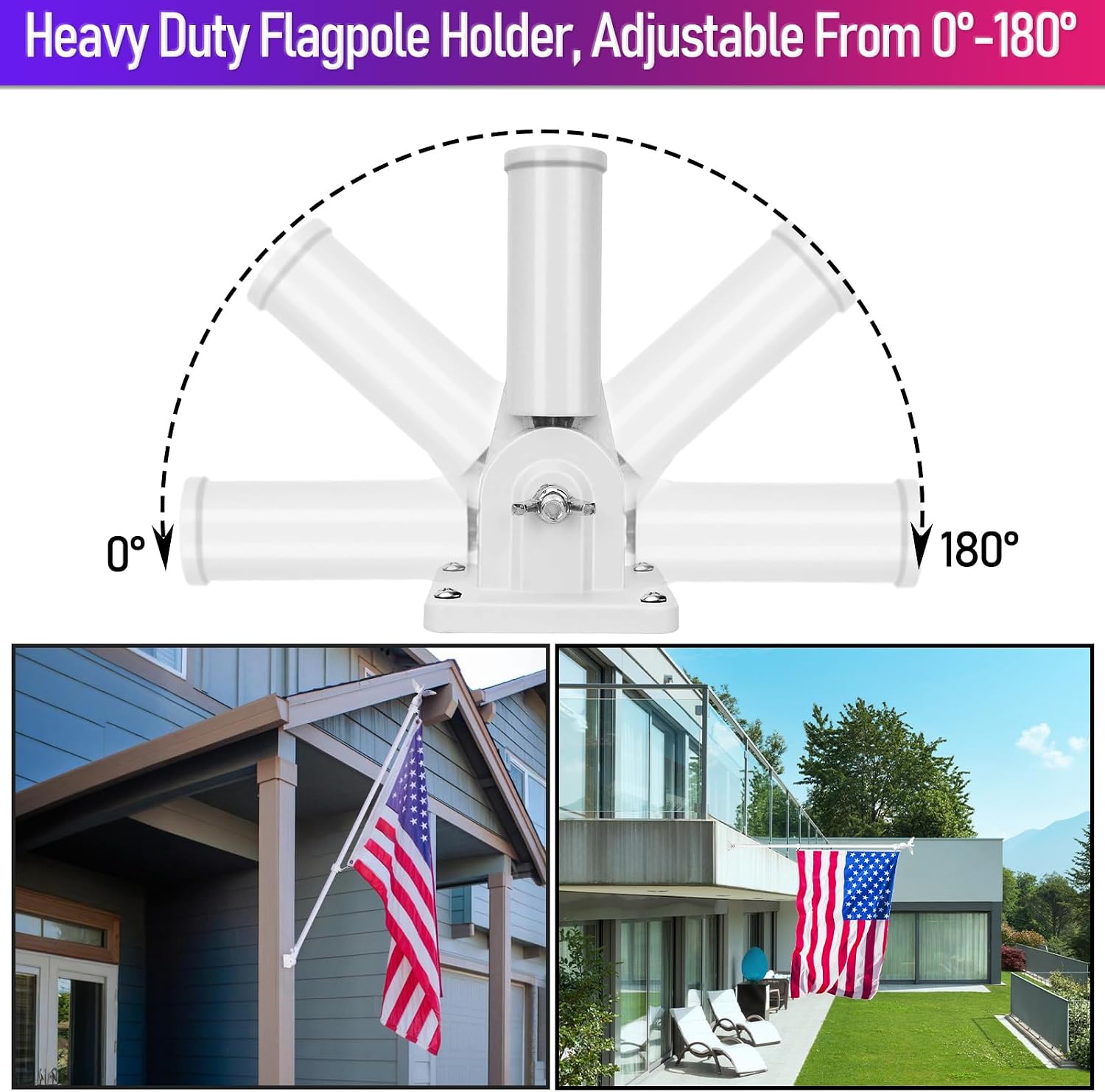 LETSTRY American Flag with Pole & Flag Pole Light, 6FT White Flagpoles for Outside House with 180° Adjustable Bracket, 1" Thickened Stainless Steel Wall Mount Flagpole for Residential Porch Outdoor
