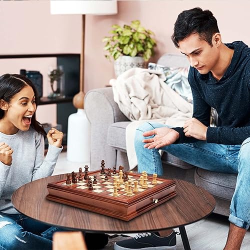 Miniatura 9 de AMEROUS Juego de ajedrez magnético de madera de 12.8 pulgadas, 2 cajones de almacenamiento integrados, 2 paquetes extra queen/paquete de regalo,