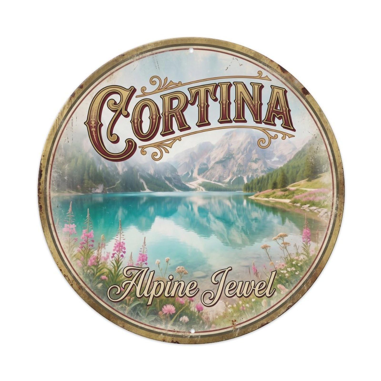 Vintage Travel Cortina Lake Italy Metal Tin Sign Plaque Wall Decor for Cafe, Club Bar, Office, Home Garden Round Metal Poster 8x8Inch