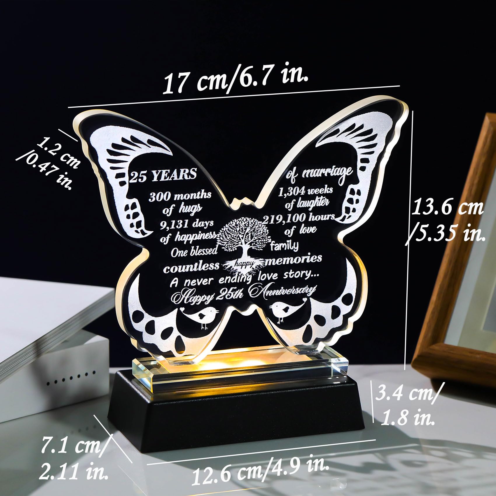 Ornalrist 25th Wedding Anniversary Romantic Gifts for Couples 13.6cm Crystal Butterfly 25th Anniversary Keepsake with LED Base 25 Years Marriage Silver Wedding Presents for Wife Husband Friends - Image 3