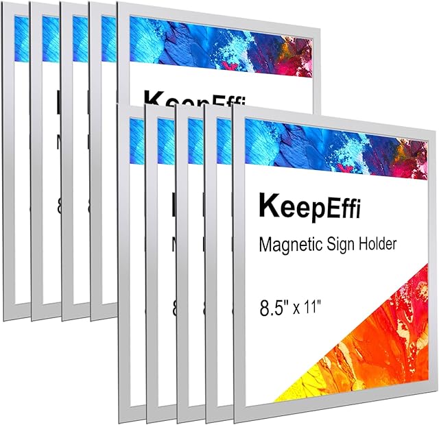 KeepEffi 10 Pack Magnetic Sign Holder 8.5"x11" Self-Adhesive Transparent Picture Photo Poster Frame Wall Mount Display Frames (Silver 8.5x11)
