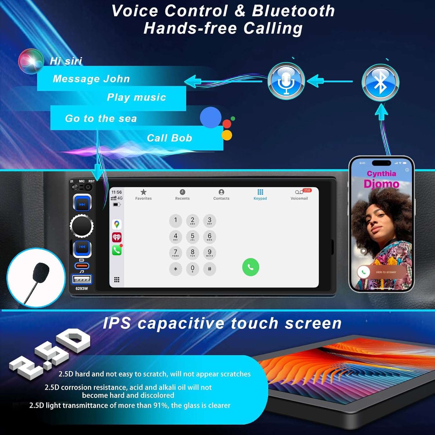 6.8" Single Din Car Stereo with Wireless Apple CarPlay Android Auto, Car Radio with 1280 * 600 IPS Touchscreen,Bluetooth 5.2, FM Radio,Dual USB Ports,Type-C Quick Charge, Backup Camera, EQ Subwoofer