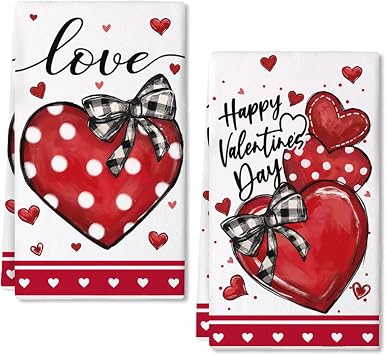 ARKENY Happy Valentines Day Kitchen Towels Set of 2,Red Heart Love Dish Towels 18x26 Inch Drying Dishcloth,Farmhouse Home Daily Seasonal Decoration AD412