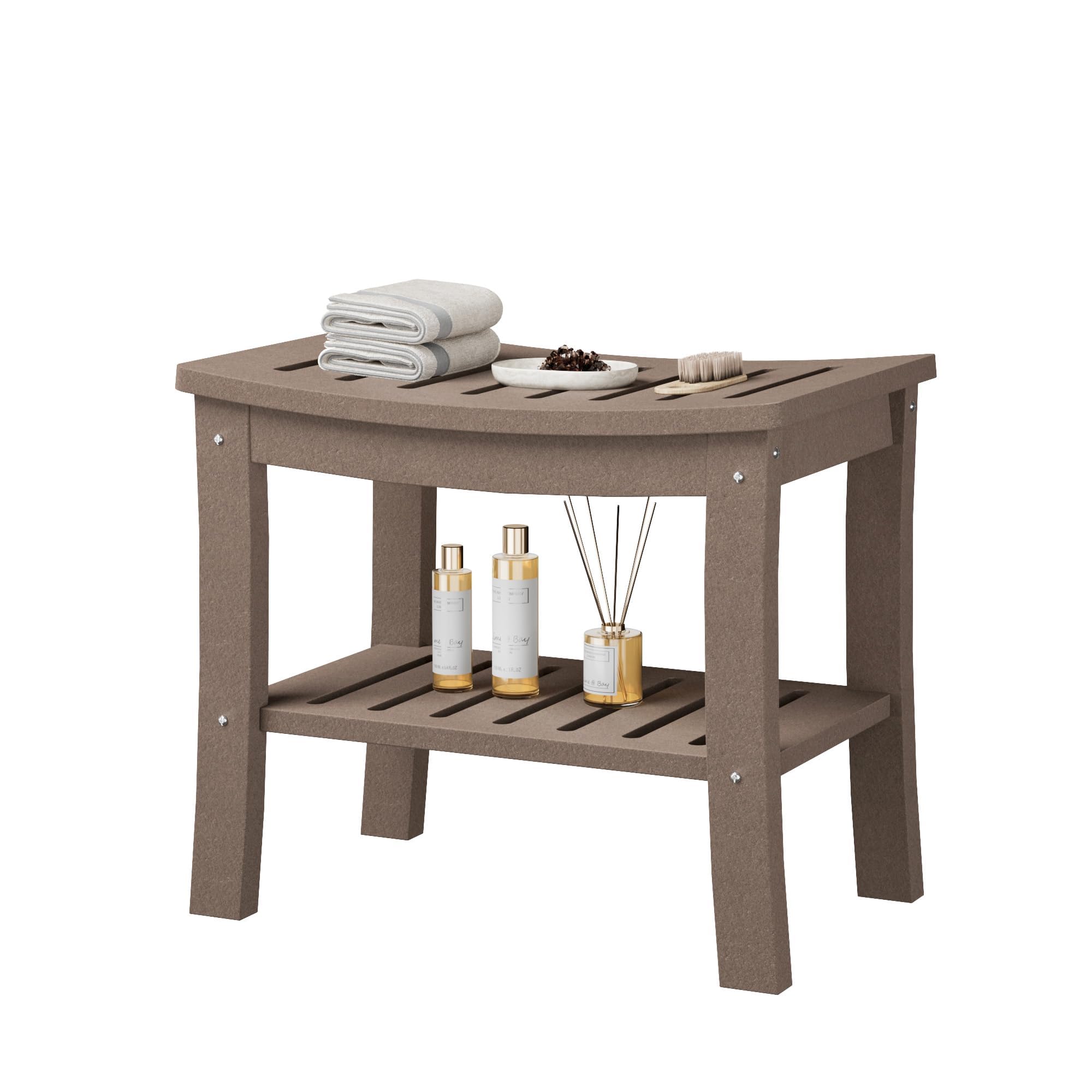 GarveeHome Taburete de Baño con Repisa de 2 Niveles, Banqueta de Ducha de HDPE Resistente al Agua, Resistente hasta 181 kg, 52×35×45 cm, Marrón