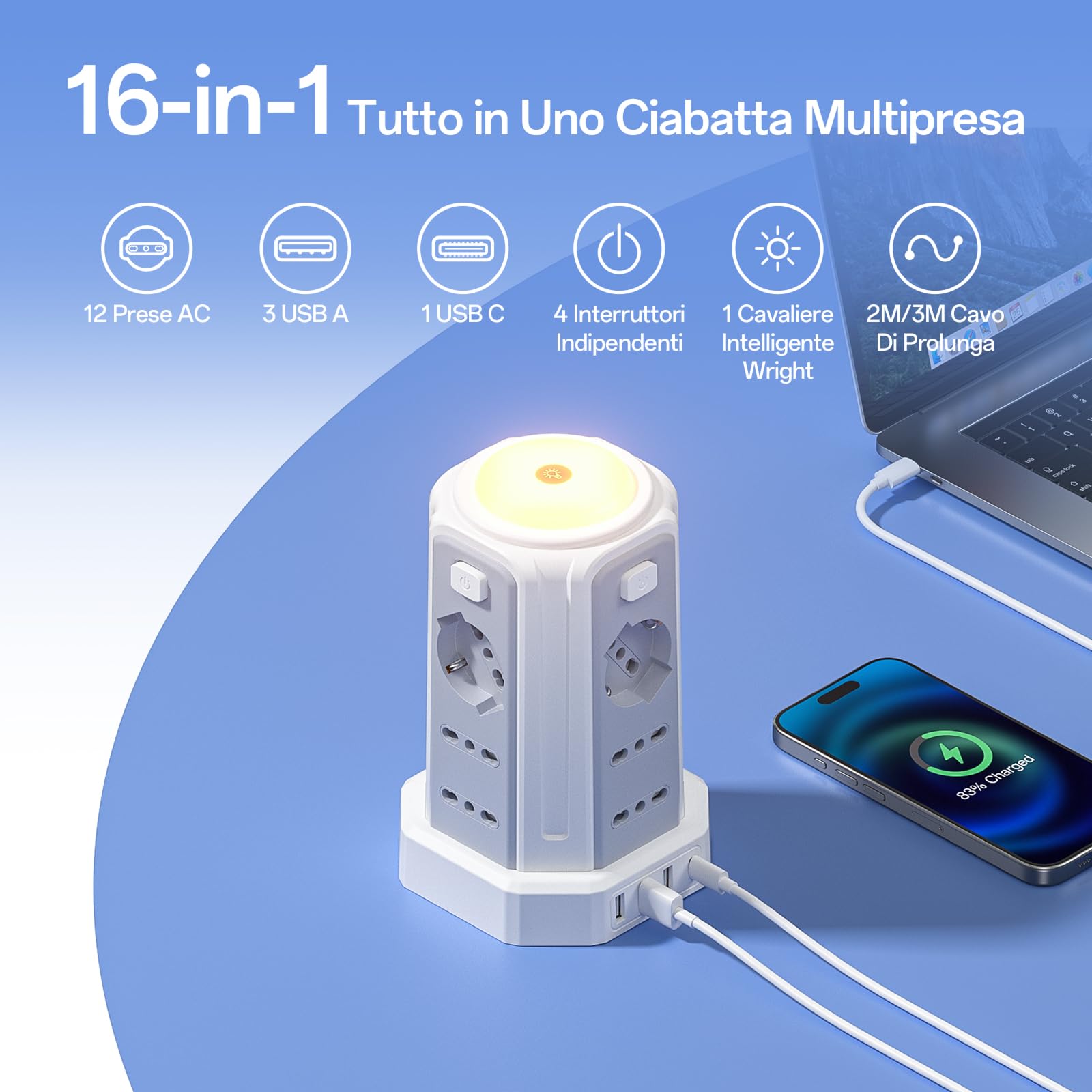 Regleta eléctrica con luz nocturna, 12 tomas universales 10/16 A ITA y Schuko y 3 USB A+1 USB C protección contra sobretensión con 4 interruptores independientes para la oficina, la casa