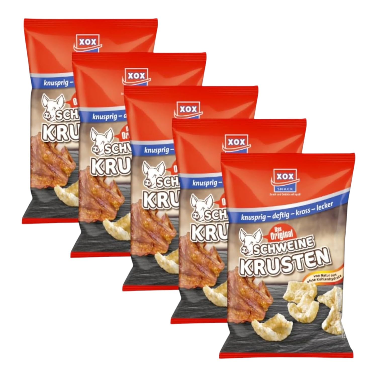 XOX Schweinekrusten 5x100 g | Knusprig-würziger Snack High Protein aus Schweineschwarten | Low Carb | Herzhaft geröstet & goldbraun knusprig