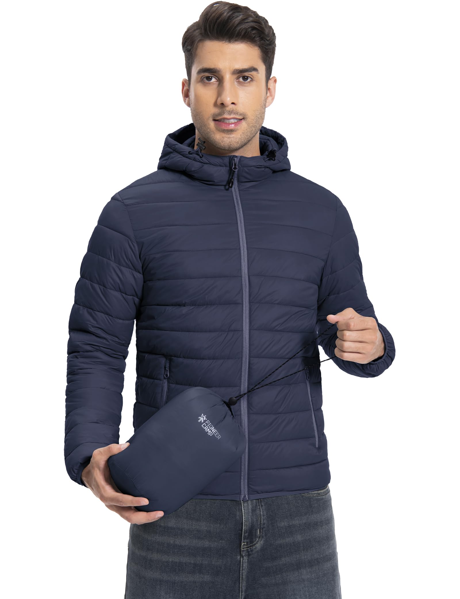 Veste matelassée légère pour homme - Veste d'hiver mi-saison - Veste d'extérieur avec capuche et 6 poches, bleu foncé, XXL