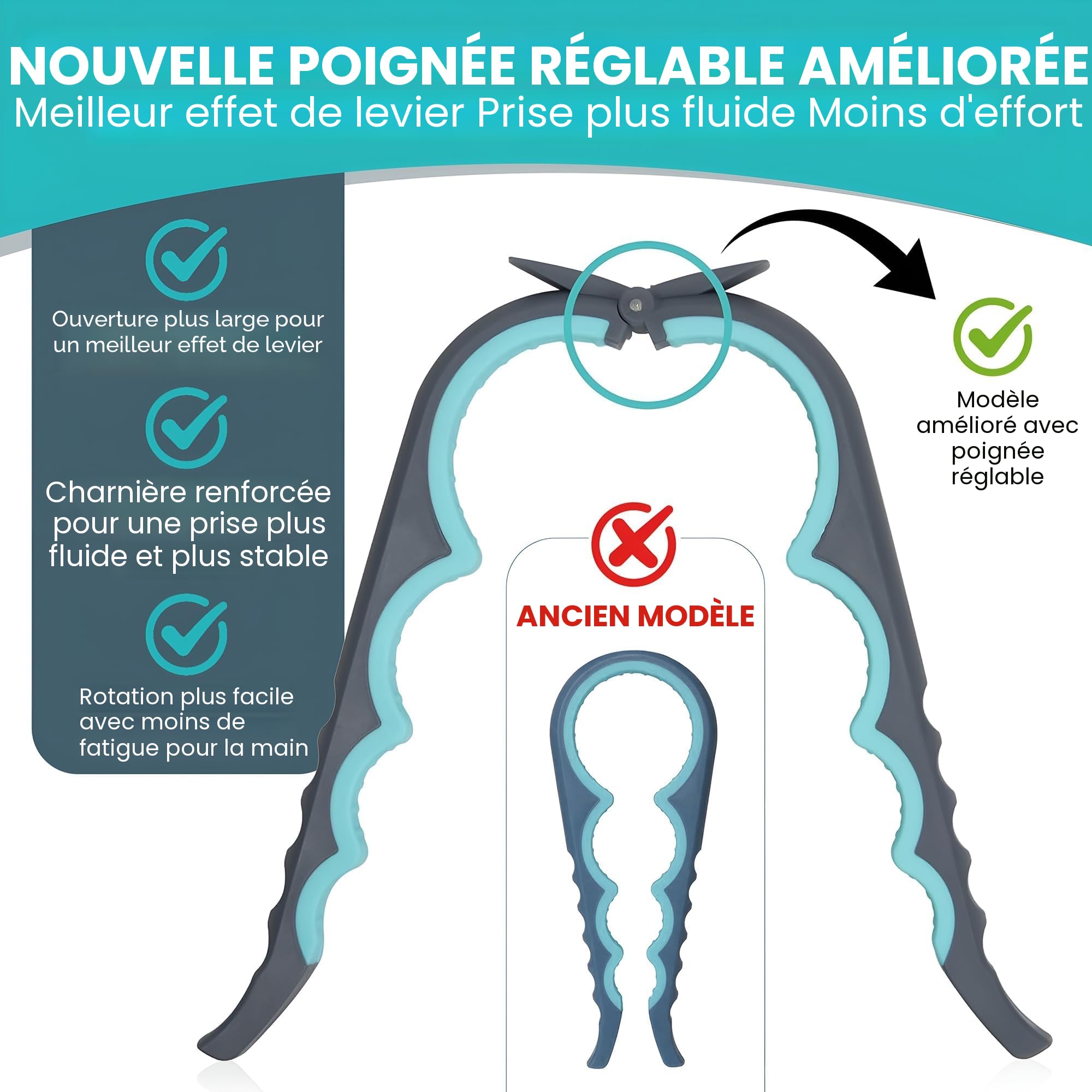 Ouvre-bocal multifonction 5 en 1 avec caoutchouc antidérapant pour mains faibles et arthritiques
