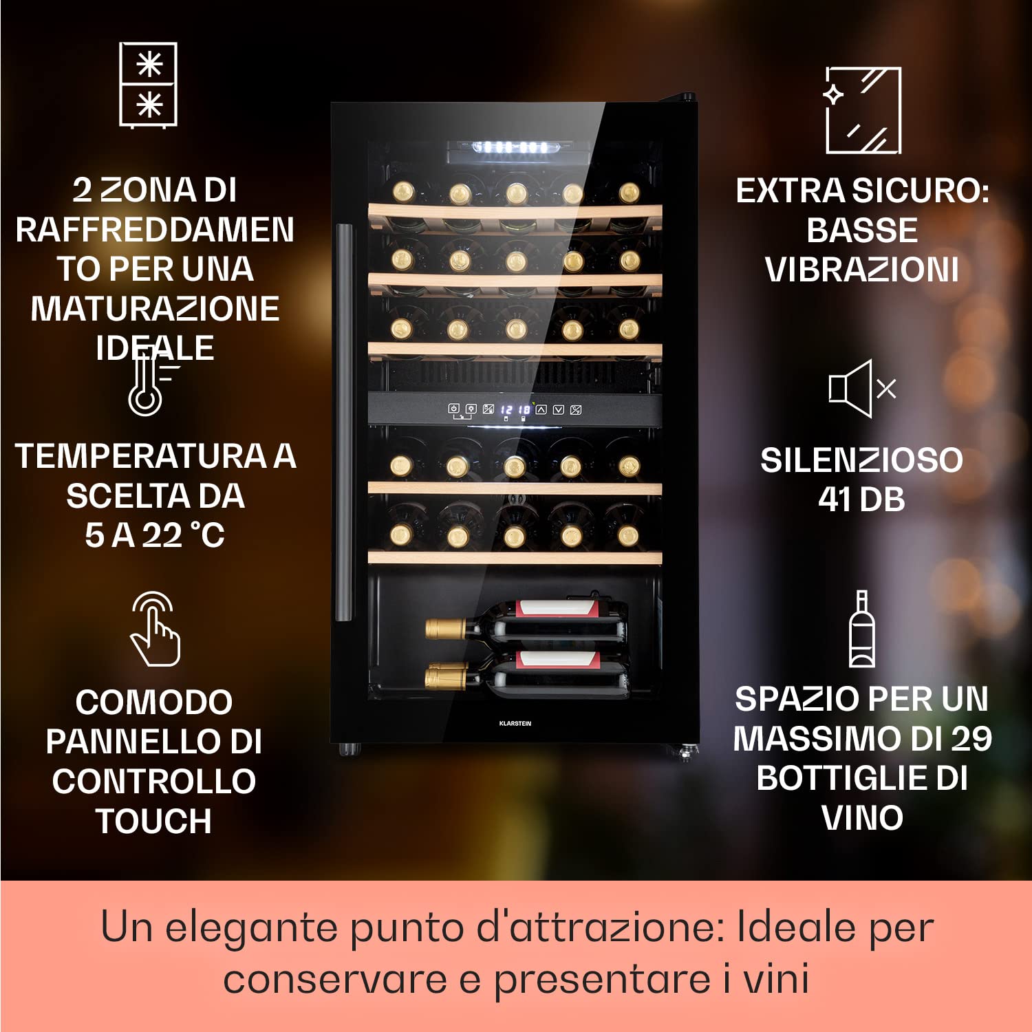 Klarstein Cantinetta Vino, Cantinetta Vino Refrigerata a Zona Doppia per Interno/Esterni, Frigo Bar, Cantina Vino con Vetrina, Mini Bar con Protezione UV, Frigo Vino Touch, 5-22°C, 29 Bottiglie