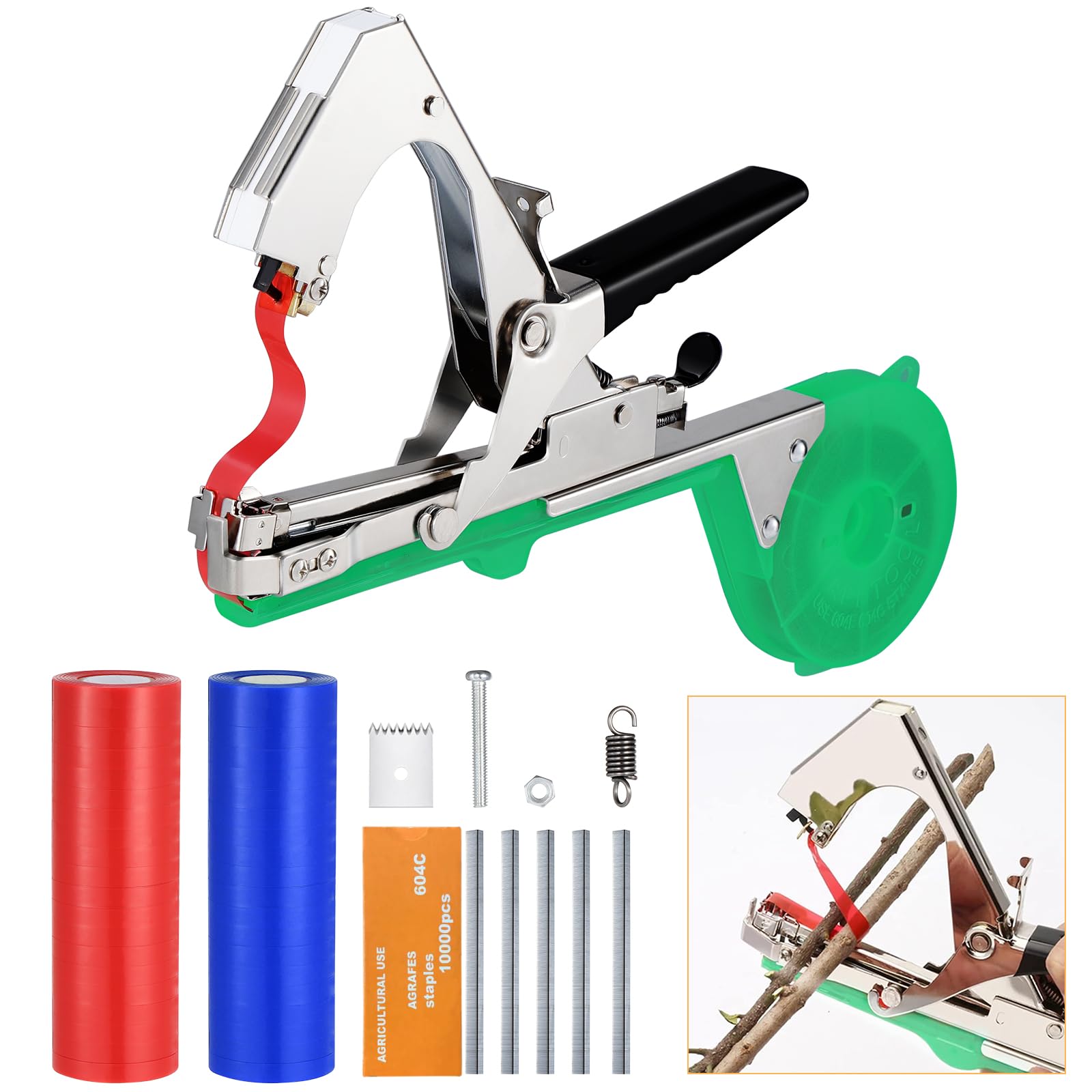 Legatrice per Piante, Attrezzi Orto Pinza Legatrice, Legatrice per Pomodori, Tying Macchina per Vigneto con 20 Rotoli di Nastro ed 1 Scatola di Graffette