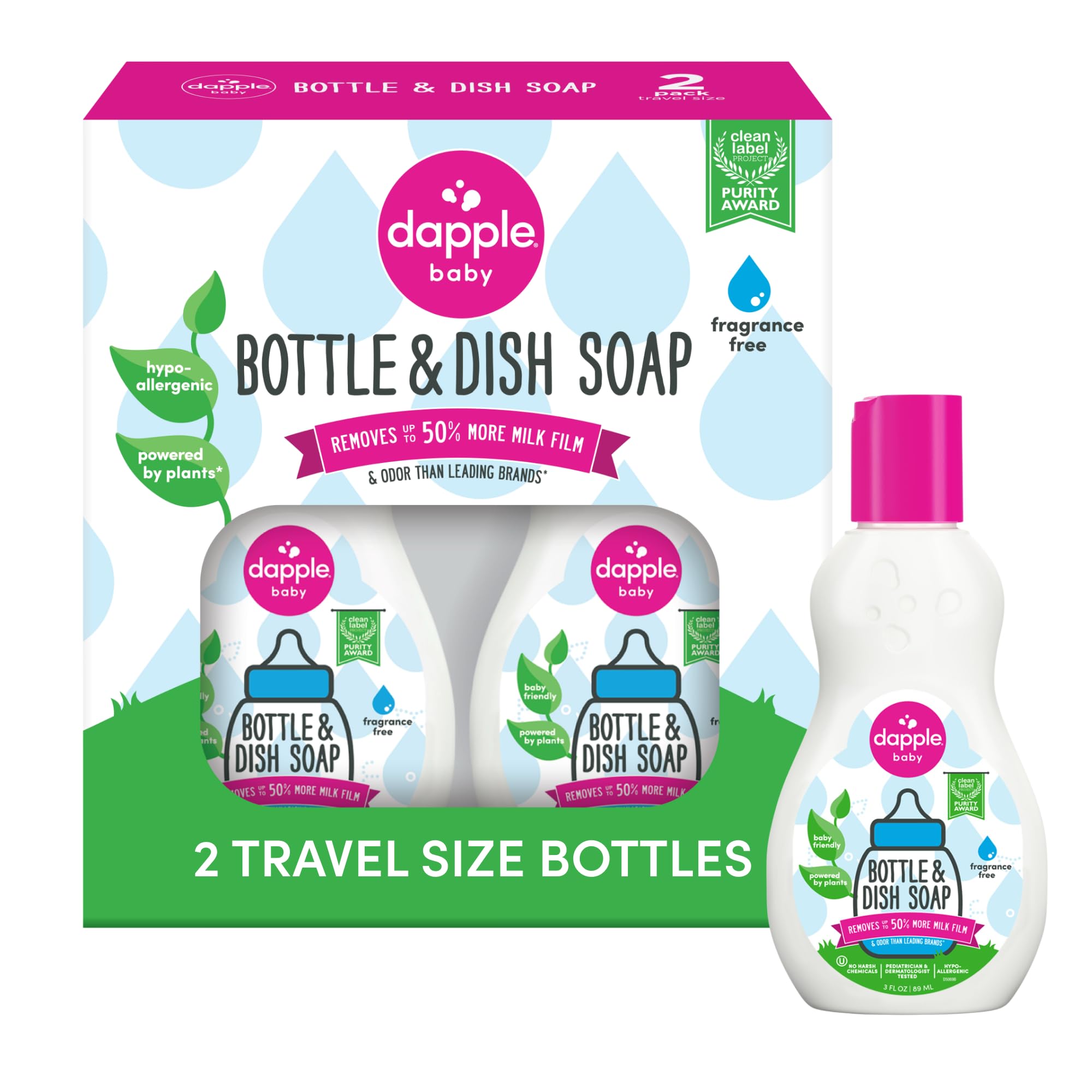 Dapple Baby Bottle Soap, Hypoallergenic Dish Soap for Baby Bottles, Powered by Plants, Travel Size, Fragrance Free, 3 Fl Oz (Pack of 2)