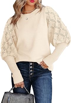 Kikula Women's Puff Long Sleeve Sweaters Cute Pom Pom Crochet Crewneck Knit Sweater Jumpers Tops