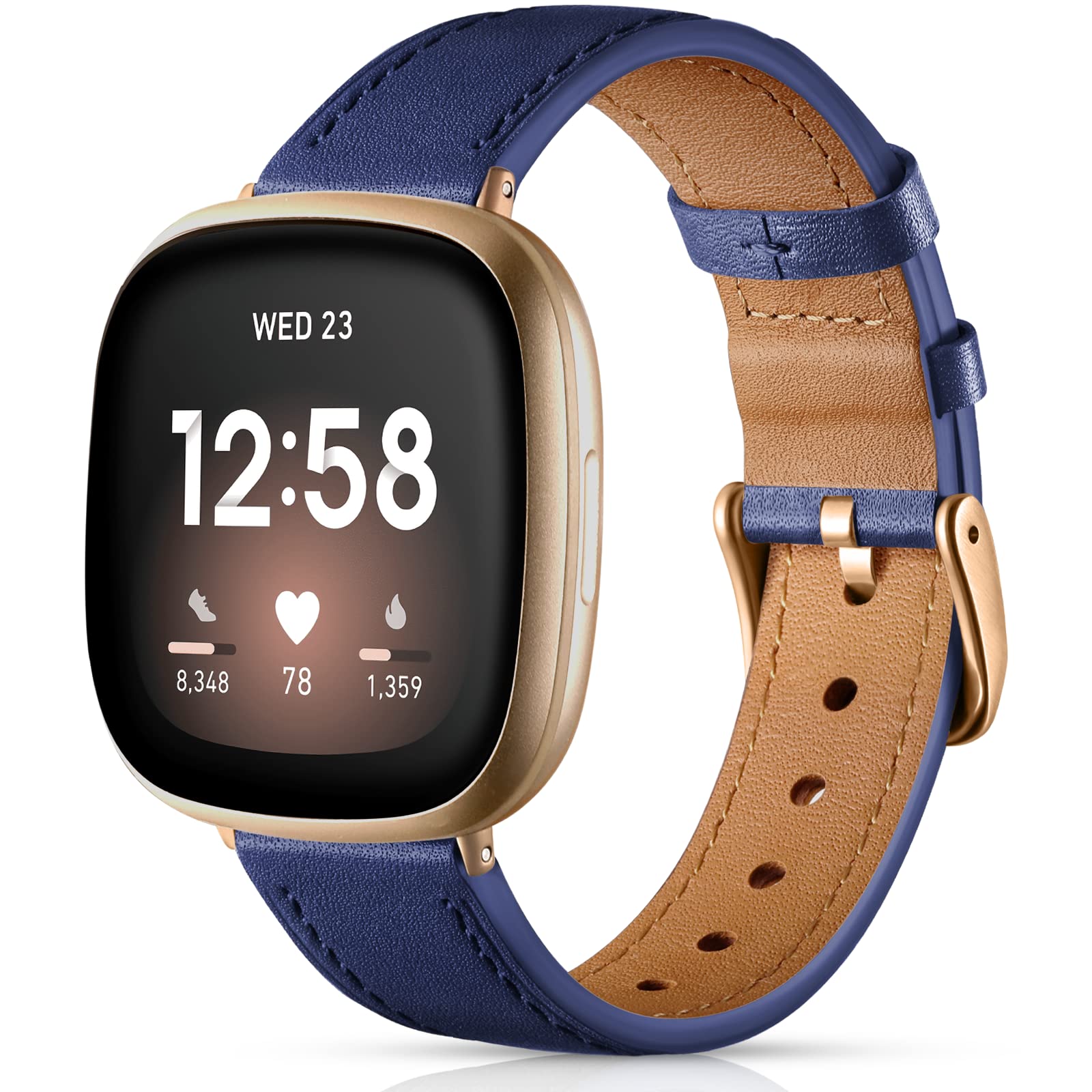 Maledan Compatible with Fitbit Sense/Fitbit Versa 3 Bands Women Men, Soft Top Grain Genuine Leather Band Replacement Wristbands Slim Strap Accessories