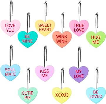 MALLMALL6 12Pcs Heart Conversation Shower Curtain Hooks Metal Rustproof Love Heart Decorative Pendants with XOXO BE Mine Bathroom Bedroom Room Decor Accessories Stainless Curtain Rings