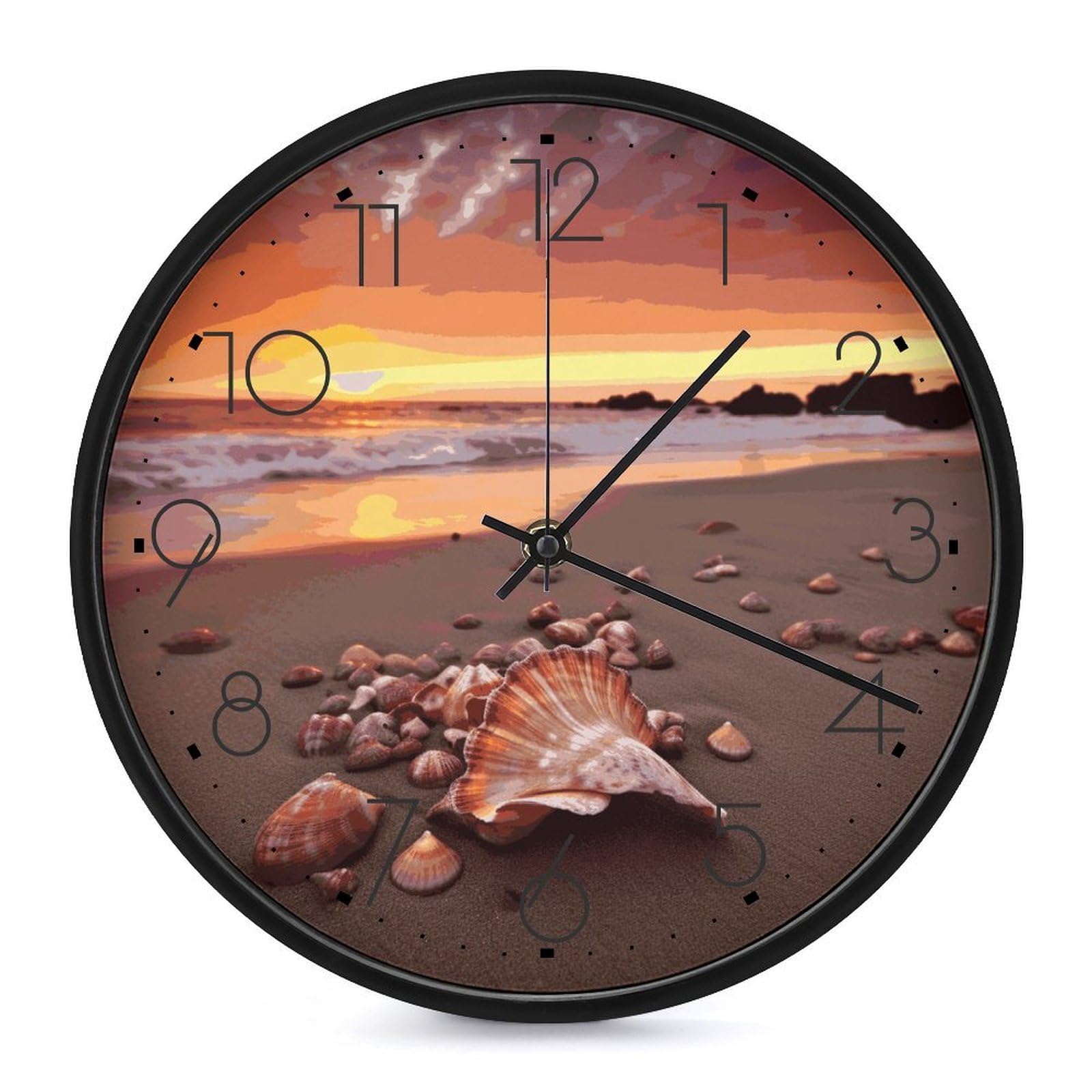 Adfgyerh Black-Style Shell Beach Sunset Clock，9.8 Inch Battery Operated Wall Clock Classic Simple, Decorative Wall Clock.analog Clock For Kitchen Office Bathroom Bedroom.