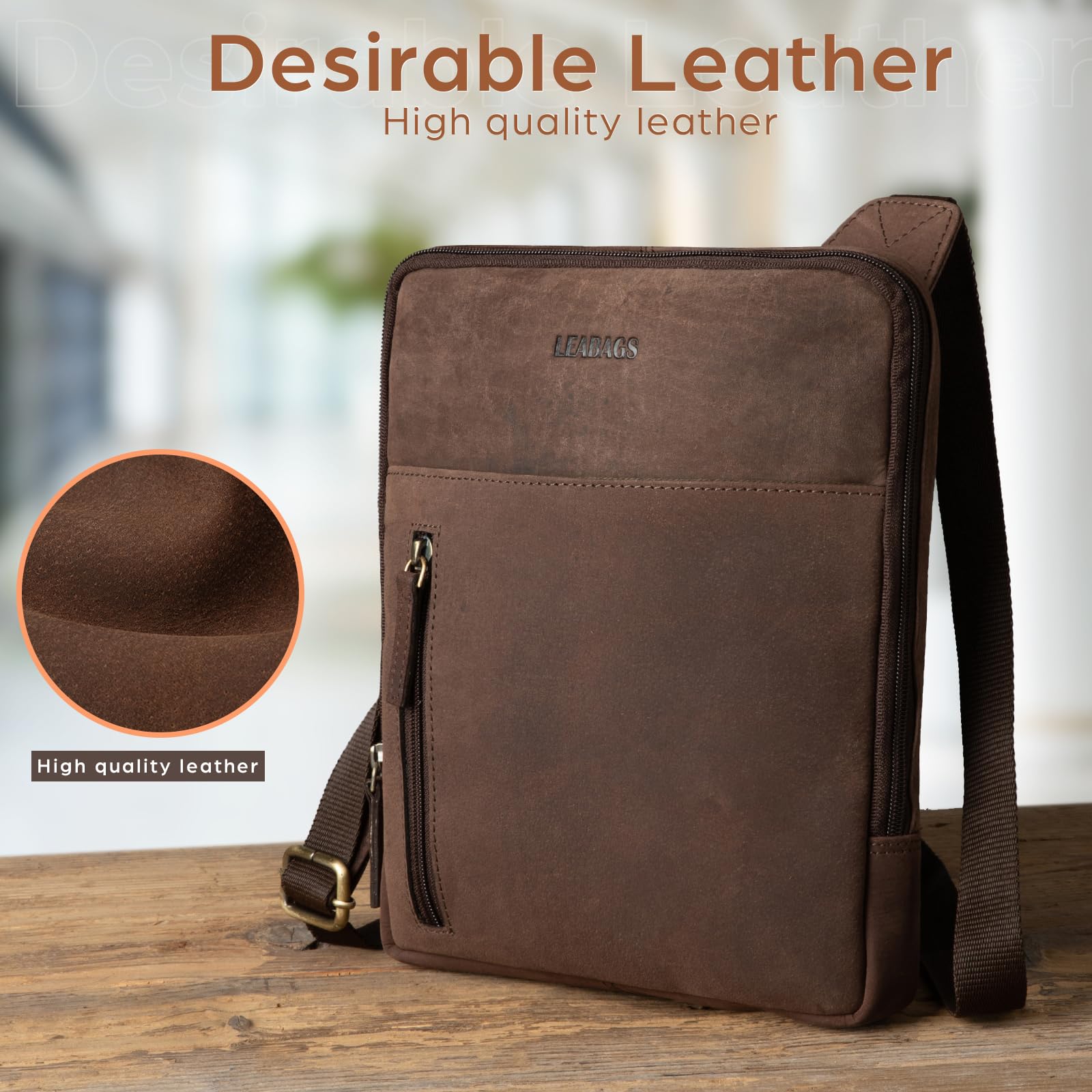 LEABAGS Men's Leather Small Shoulder Bag, Messenger Bag with Shoulder Strap, Men's Travel Bag