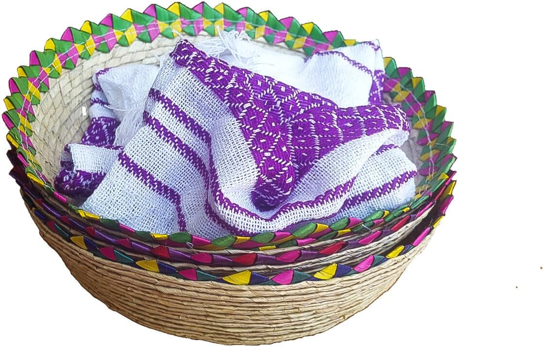 Jacq & Jürgen – 3 Pack Crown Tortilla Baskets with 1 Cotton Tortilla Cloth – Handwoven Palm Tortillero Bundle, Traditional Mexican Kitchen Décor