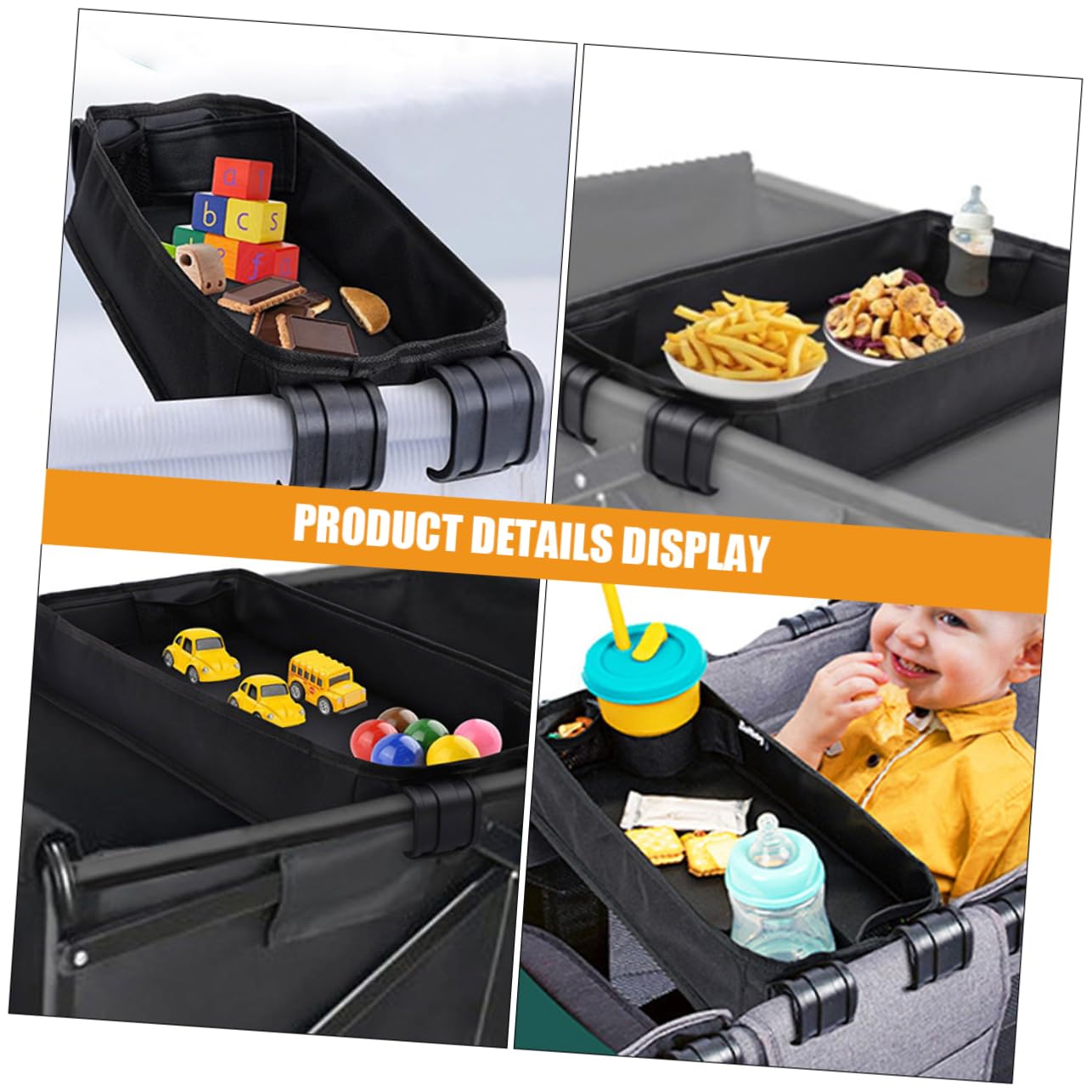 IMIKEYA Plateau Repas pour Poussette Porte-gobelet et Porte-téléphone, Fixation à Clip, Toile Légère, pour Voyage, Noir | Accessoire de Voyage, Poignée Réglable, Format L, pour Poussette et Chariot