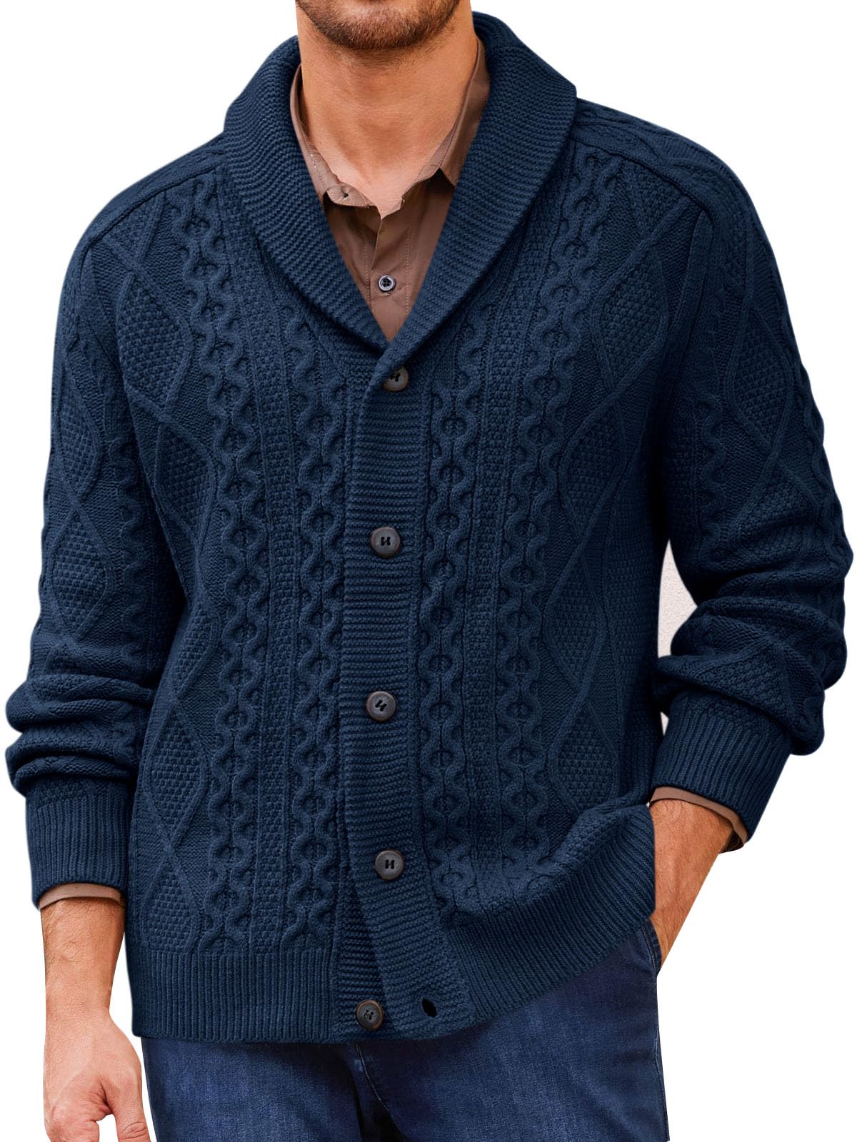 Mens Shawl Collar Cardigan Sweater Cable Knitted Button Down Sweaters Chunky Fall Winter Outwear-image-16