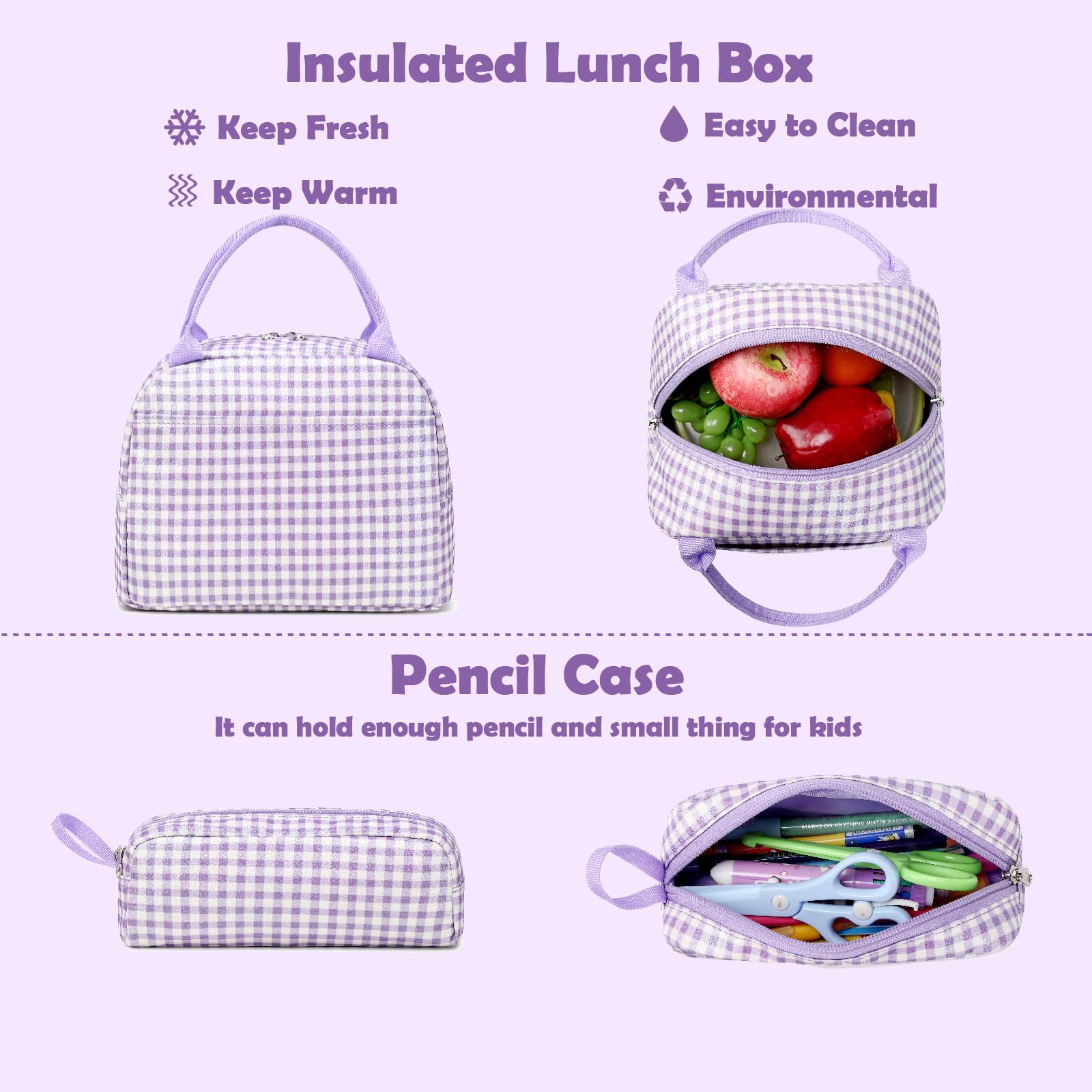 Zaino per ragazze a scacchi glitterati, 3 in 1, a scacchi, viola, con borsa per il pranzo, astuccio e cinturino toracico, per scuola materna e elementare