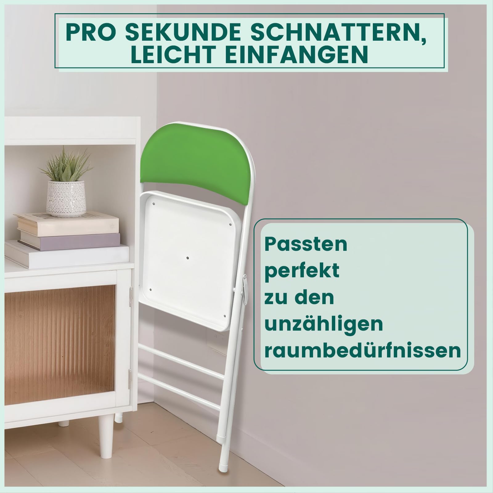 Klappstuhl 4er Set mit PU-Leder & Gepolstert Polsterung, Stabiler Metallrahmen, Leicht & Platzsparend, für Büro, Zuhause, Events Indoor Outdoor(4, Grün)