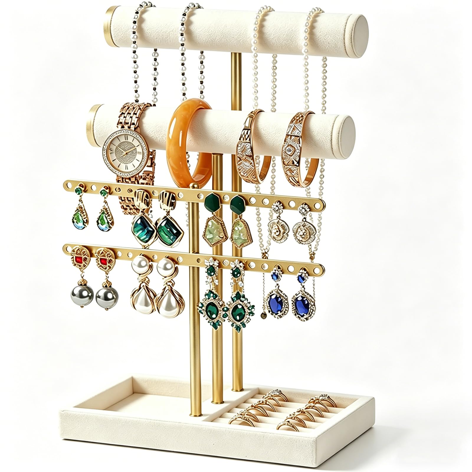 ZSOPN Schmuck Organizer 3 Etagen Schmuckständer Gold mit Lederner Armbandhalter Abnehmbarer T-Steg Schmuck Ständer, Samt-Armbandhalter, Schmuckhalter für Armband, Halskette, Uhren, Ringe