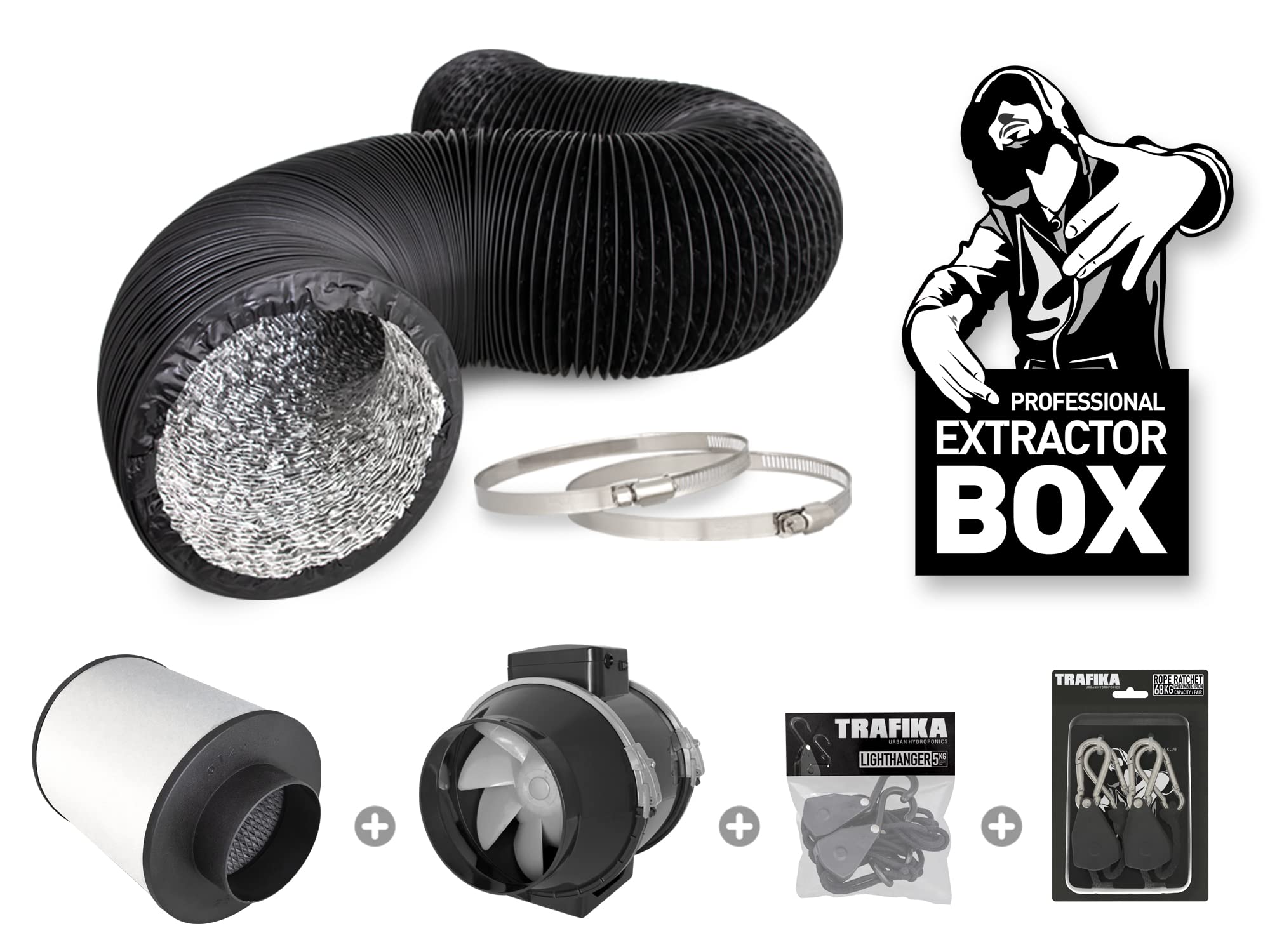 TRAFIKA Kit Extractor Cultivo 100mm/250m3h Filtro CARBÓN+Extractor DE Aire TT100 (2 velocidades)+5M COMBIDUCT+LIGHTHANGERS (5KG)+POLEAS (64KG) / Kit EXTRACCIÓN Cultivo/Extractor Aire Cultivo