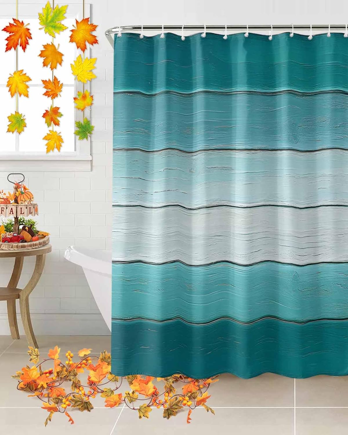 72x78 Inch Shower Curtain Teal Turquoise Bathroom Decor Waterproof Fabric Bathtub Bath Curtains Decorative Farmhouse Abstract Gradient Wooden Plank Extra Long Shower Curtain Set with Hooks