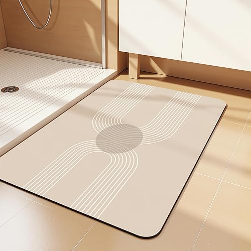 watthourhome Ultra Thin Bath Mat,Fit Under Door Bathroom Rugs Non-Slip Rubber Backing Super Absorbent Quick Dry Washable Bath Rug,for Bathtub Floor Shower Sink Easy Clean, 24"x16",Beige