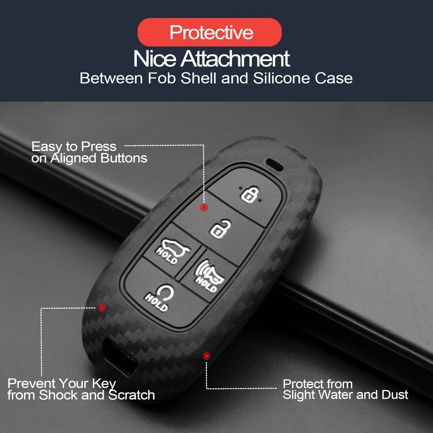 INFIPAR 2pcs Compatible with Hyundai Sonata Smart 5 Buttons Silicone FOB Key Case Cover Protector Keyless Entry Carbon Fiber Looks Remote Holder