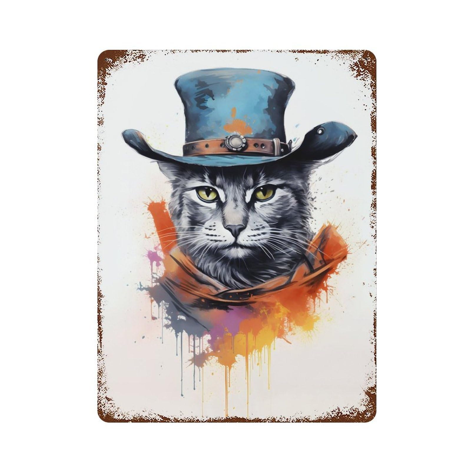 Cat As A Cowboy Painting 15.7"x11.8" Vintage Rust Metal Sign, Shabby Chic Decor for Garage, Bar And Workshop Decor