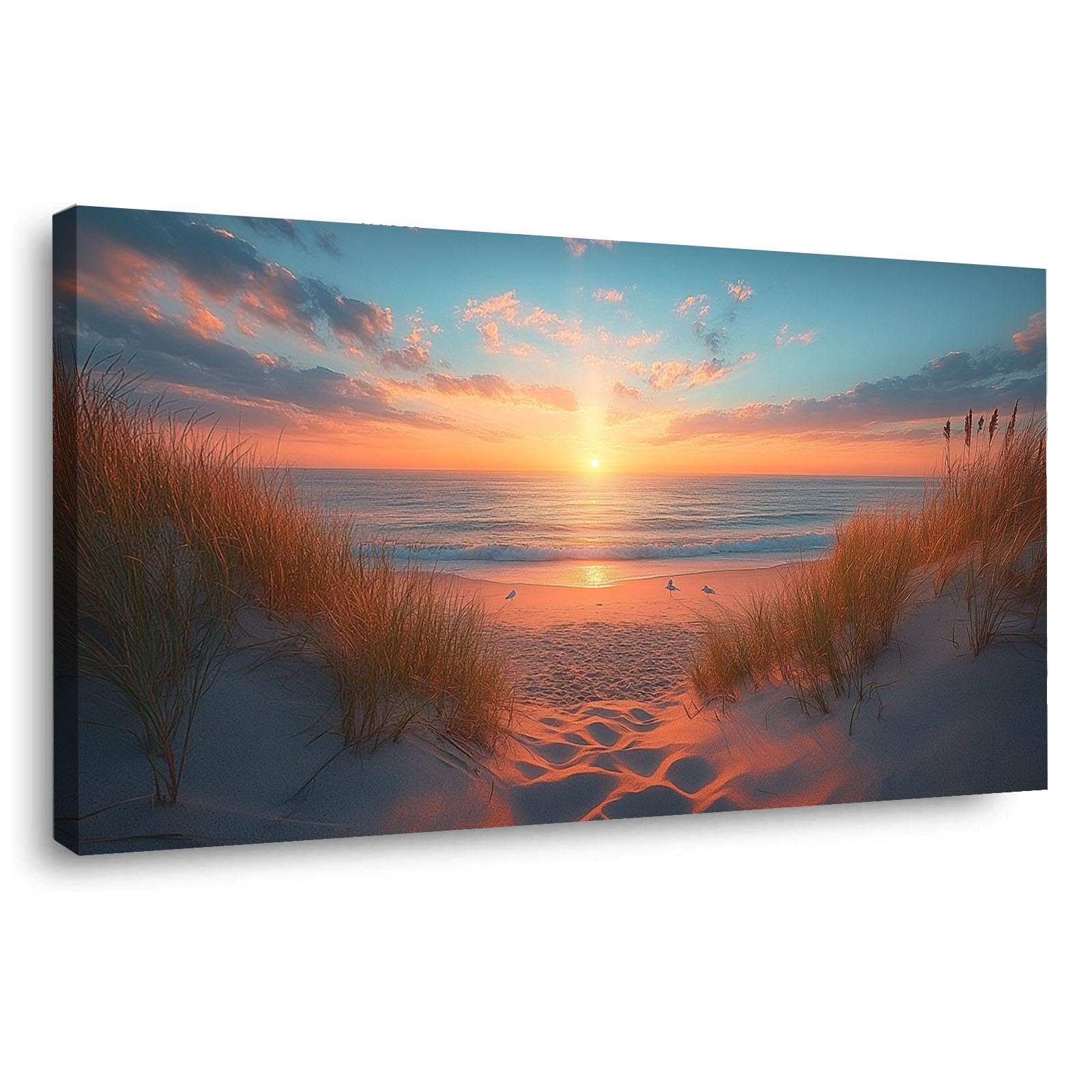 JosuE Or, orange Paysage Plage Mer Impression sur Toile Décoration, Paysage de coucher de soleil Tableau Salon Chambre Cuisine Grand Tableaux Decoratifs Muraux Art Wall-60x120cm Encadrée