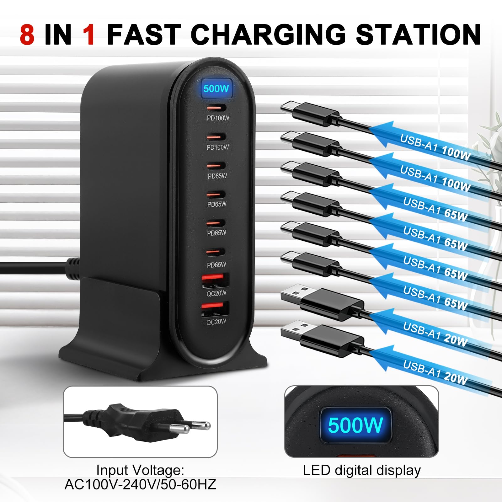 500W Caricatore USB Multiplo, 8 Porte Stazione di Ricarica Veloce Caricabatterie USB C PD PPS 100W Alimentazione Rapido per Laptop Telefono Cellulare