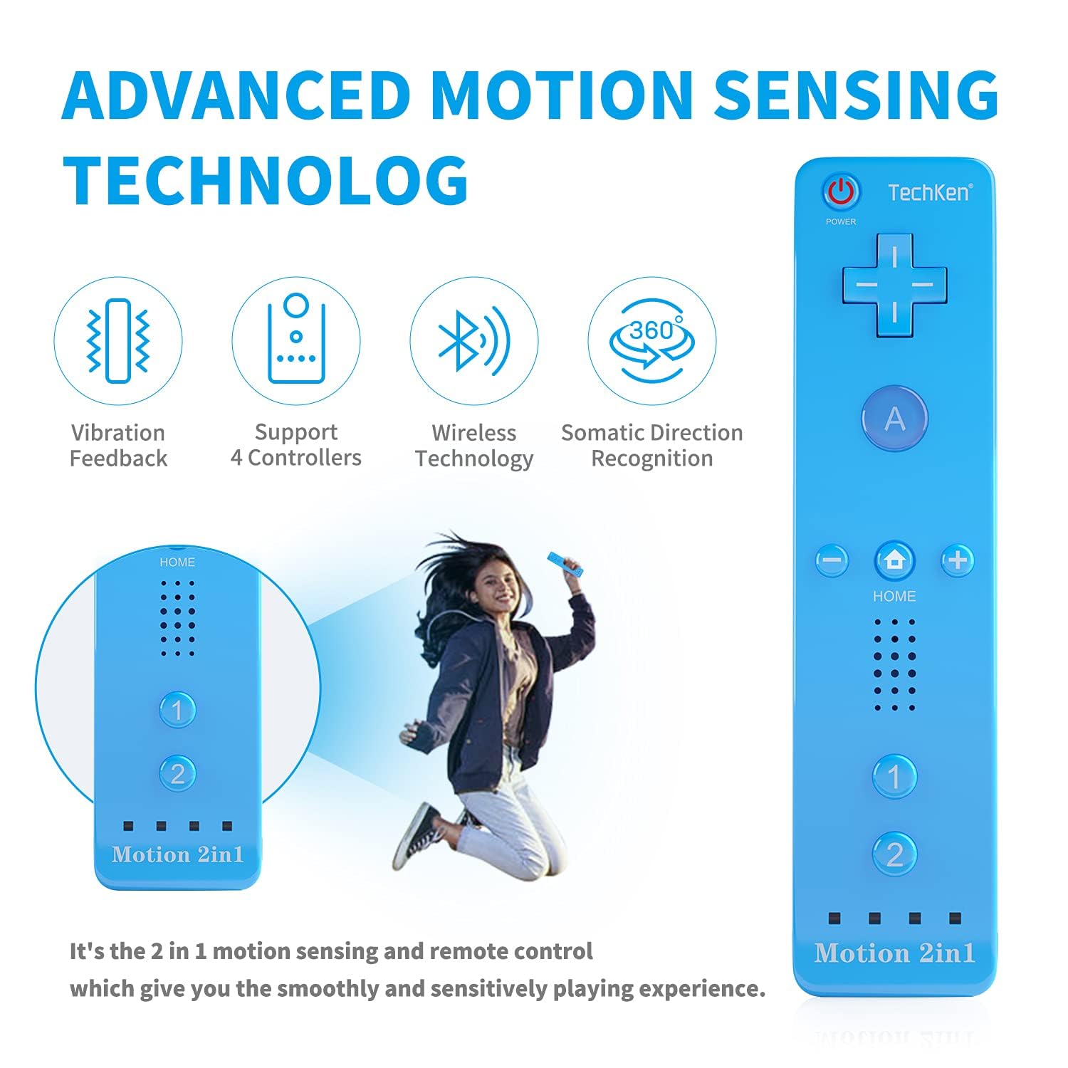 TechKen Manette de Wii avec Nunchuck, Télécommande Controller Motion Plus Intégré, Étui en Silicone et Dragonne (Bleu+Rouge)