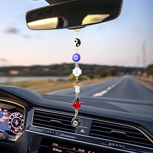 Miniatura 4 de Adorno colgante de auto de mal de ojo, trébol de cuatro hojas, mariquita, 8 bolas, símbolo Yin Yang, dije de hongo de mal de ojo para autos,