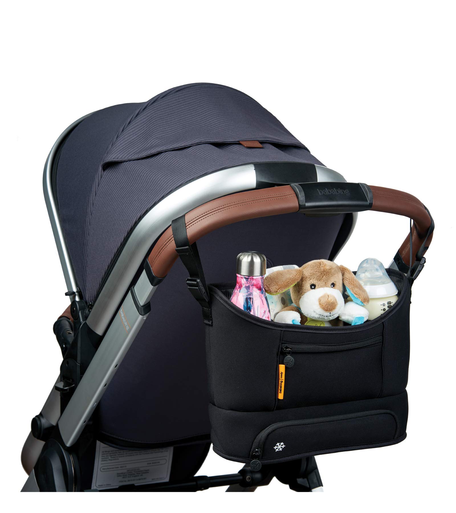 König Design Organizer Per Passeggino - Borsa Posteriore Nera Con Portabottiglie Isolato E Strisce Riflettenti