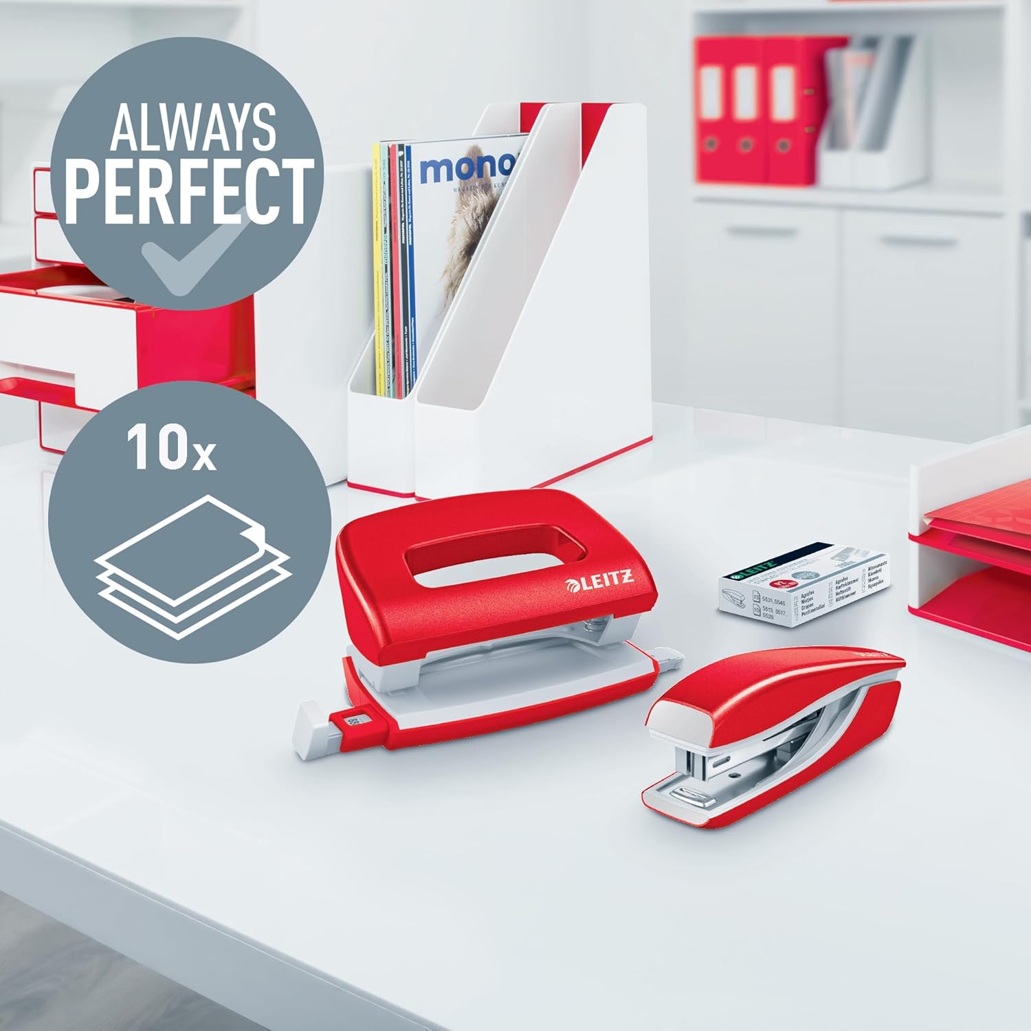 Leitz WOW Mini Desk Set Stapler and Punch, Staples or Punches up to 10 Sheets, 1000x P2 No. 10 Staples Included, Red, 55612026