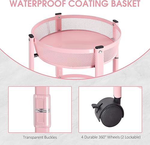 Miniatura 5 de TOOLF Carrito de almacenamiento de metal de 3 niveles, cesta plegable redonda con ruedas para cocina, sala de estar, baño, sin montaje, rosa