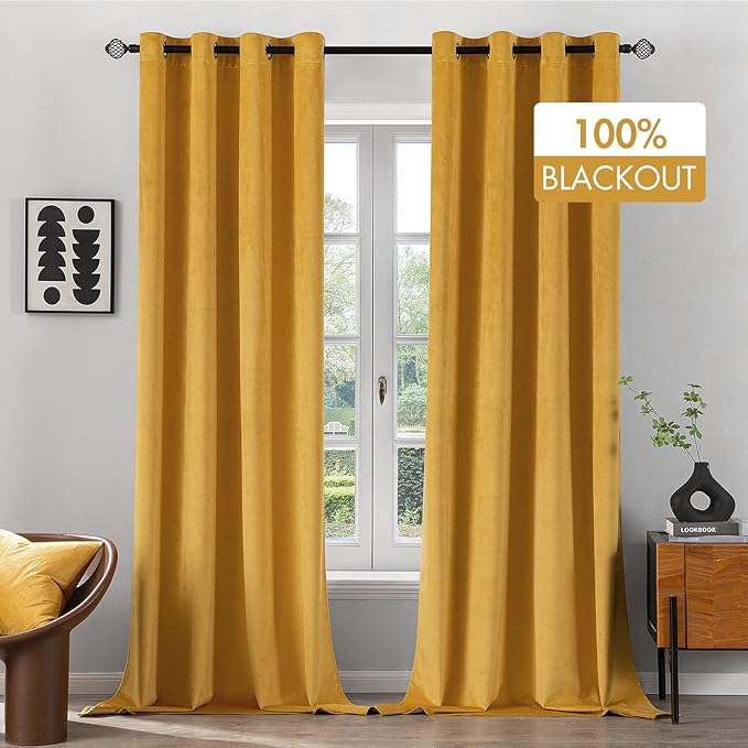 MIULEE 100 Blackout Velvet Curtains 84 Inches Long Mustard