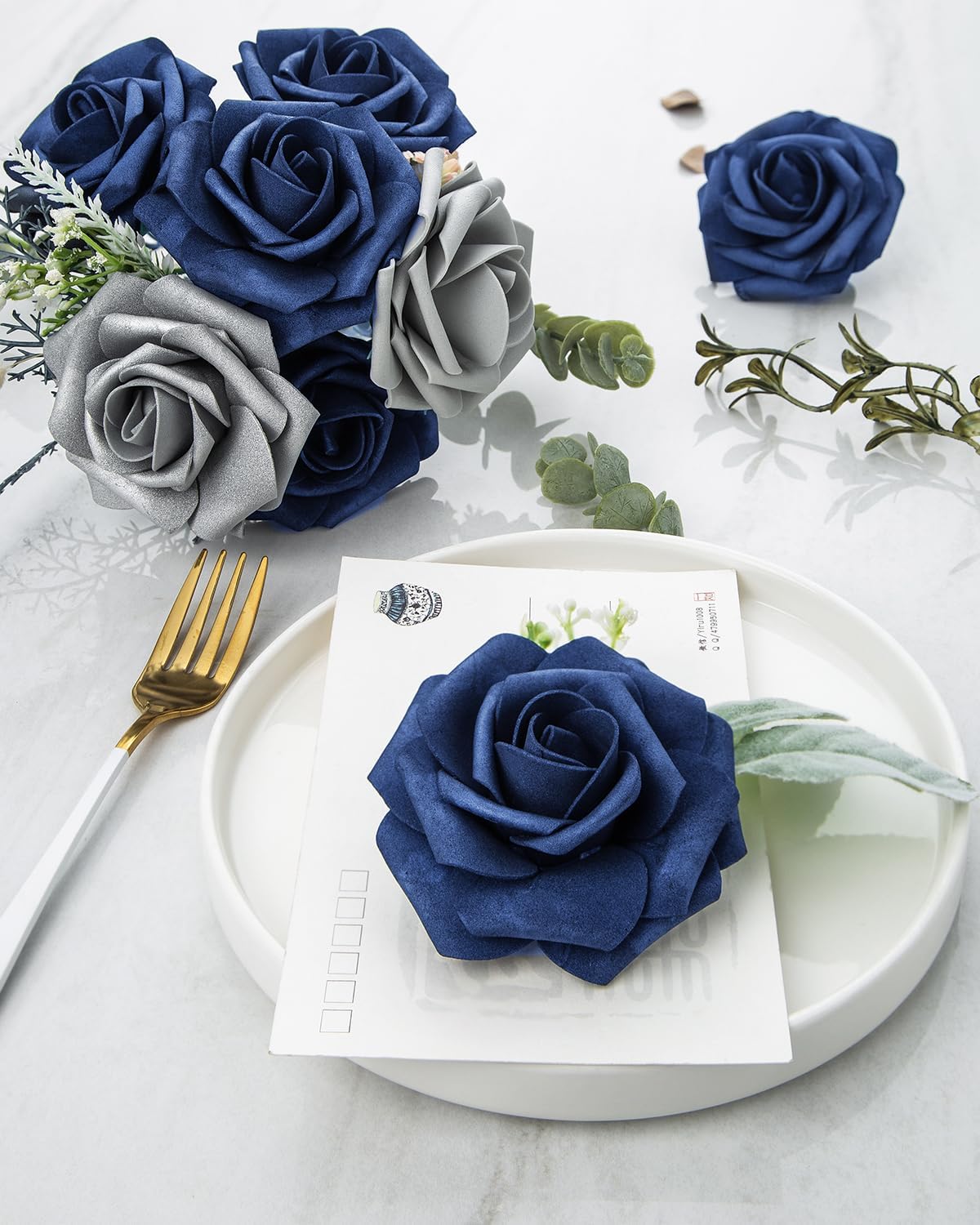 DuHouse 25Pcs Artificial Roses Flowers Fake Roses with Stems Real Touch Foam Flowers for DIY Wedding Bouquet Party Centerpiece Floral Arrangement Party Home Decor (Navy Blue) - Image 3